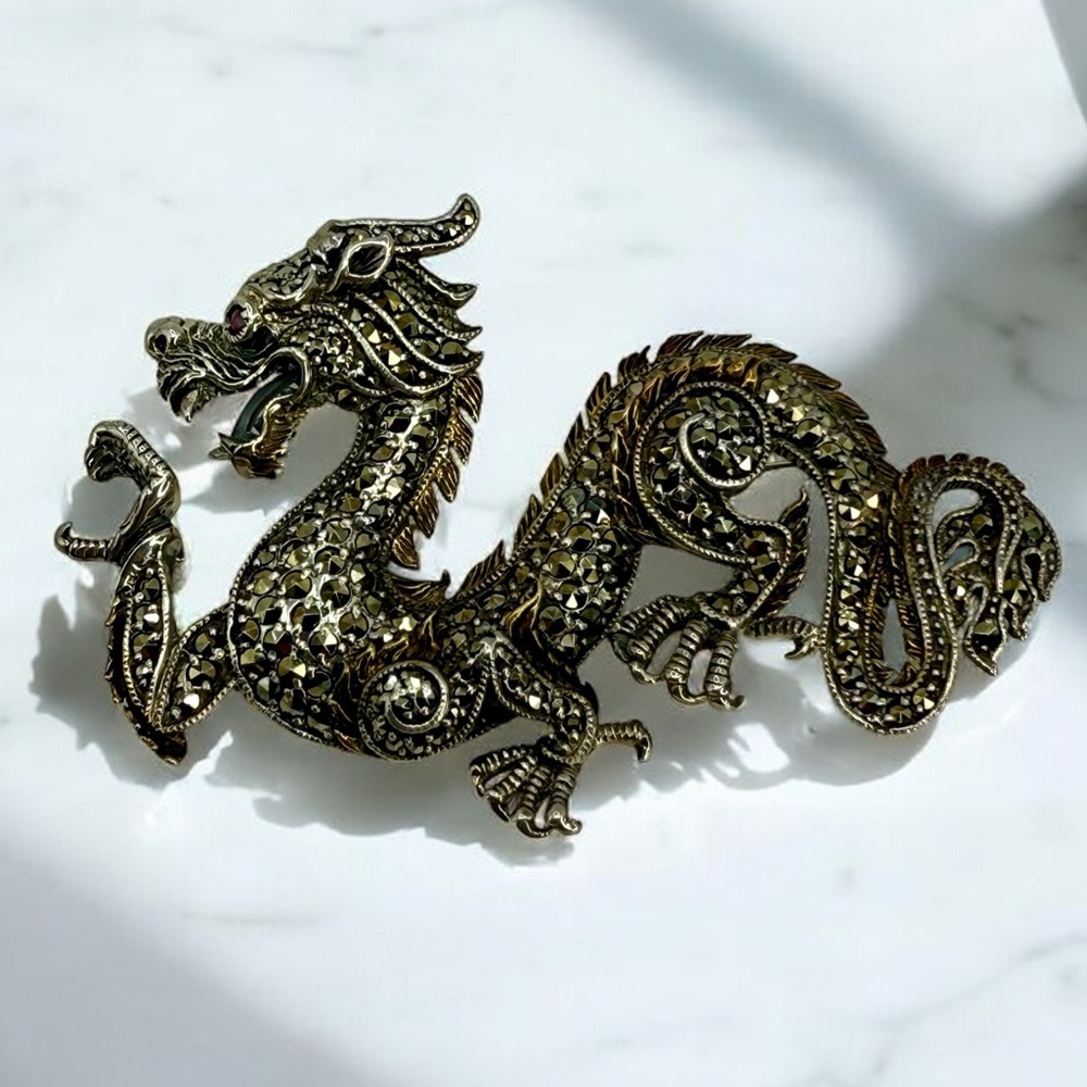Vintage Sterling Silver Dragon Brooch Marcasite Accents Ruby Eye Sign JS Vantage